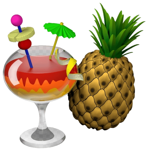 Beveled pixel emblem: tropical glass, garnish pick, and pineapple on black