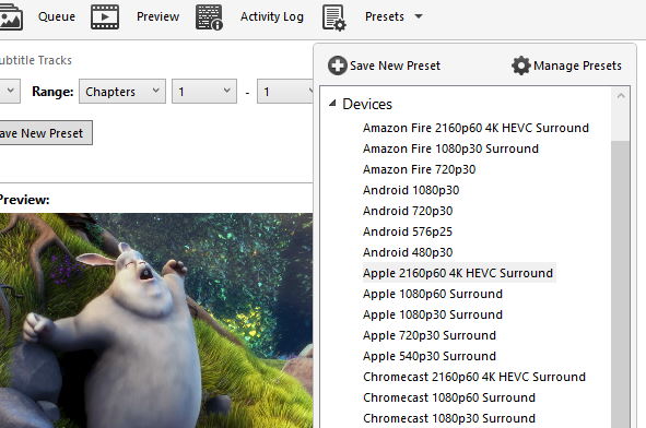 HandBrake on Windows: Presets menu