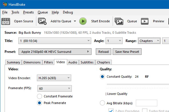 HandBrake on Windows: Video tab with encoder and quality